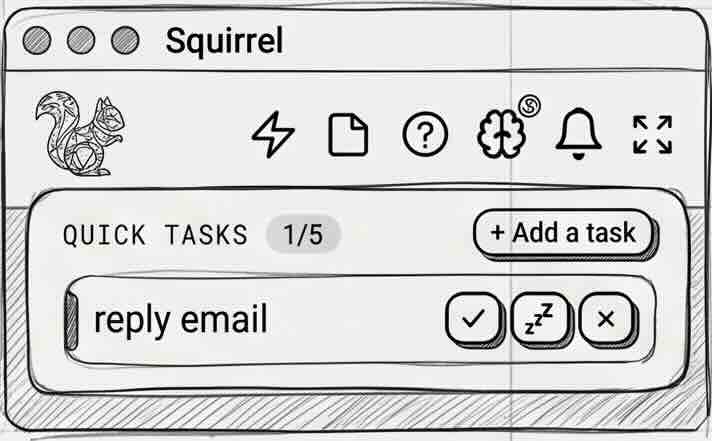 A compact Squirrel popup showing the Quick Tasks list (1 of 5) with a 'reply email' task and done, snooze and dismiss buttons.