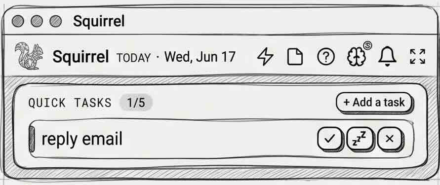 Squirrel's compact 'today' popup with the current date (Wed, Jun 17) and the active quick tasks.