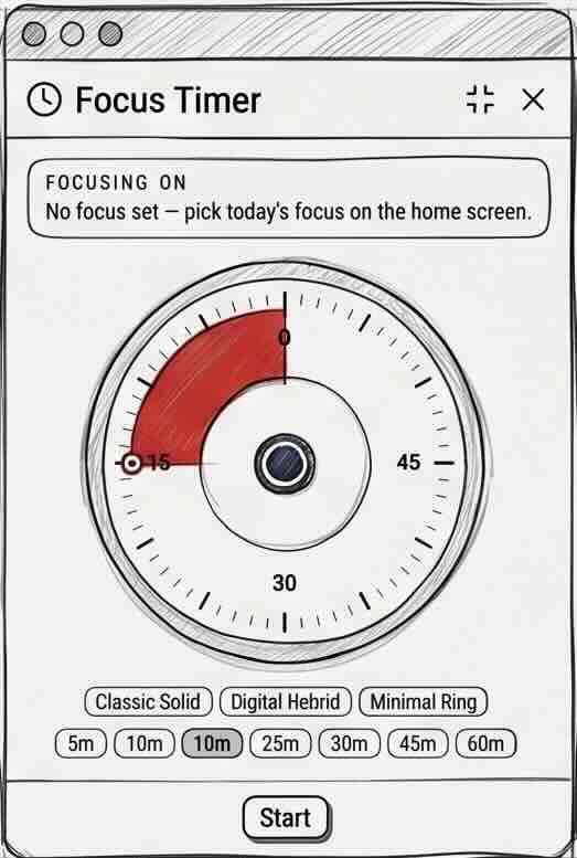 Squirrel's Focus Timer with a large countdown dial, three dial styles, and durations from 5 to 60 minutes.