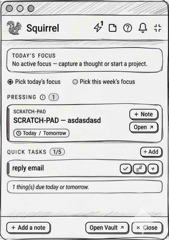 Squirrel's home popup: today's focus, pick today's or this week's focus, pressing items, a scratch-pad note, quick tasks, and a 'due today or tomorrow' nudge.